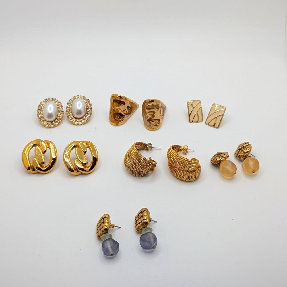 Vintage Earrings Stud Pierced Chunky Bold Statement Gold Tone Mix Lot of 7